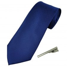 Plain Dark Royal Blue Textured Men's Tie with Tie Clip
