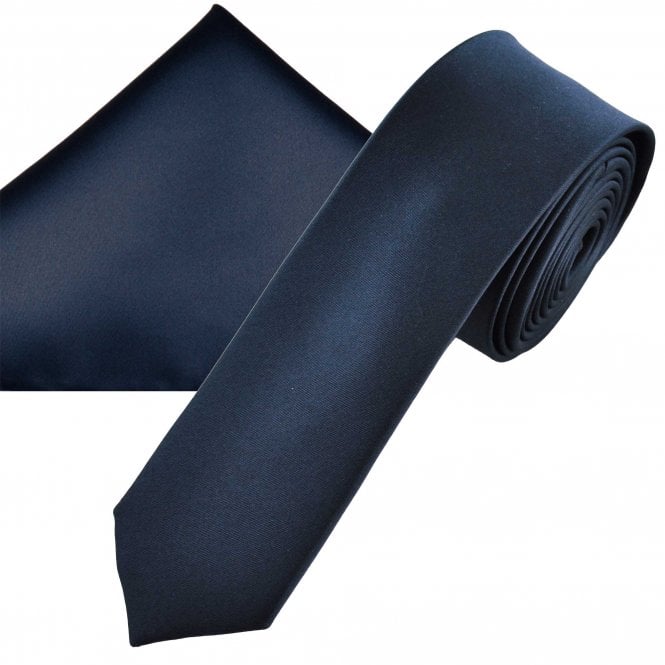 Plain Deep Navy Blue Men's Skinny Tie & Pocket Square Handkerchief Set