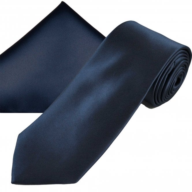 Plain Deep Navy Blue Men's Tie & Pocket Square Handkerchief Set