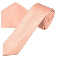 Plain Dusky Pink Ribbed Men's Skinny Tie & Pocket Square Handkerchief Set