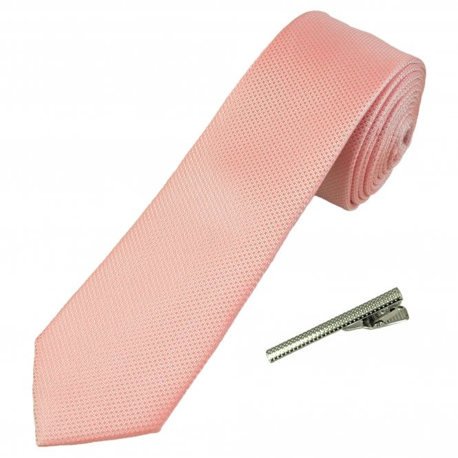 Plain Dusky Pink Textured Men's Skinny Tie with Tie Clip