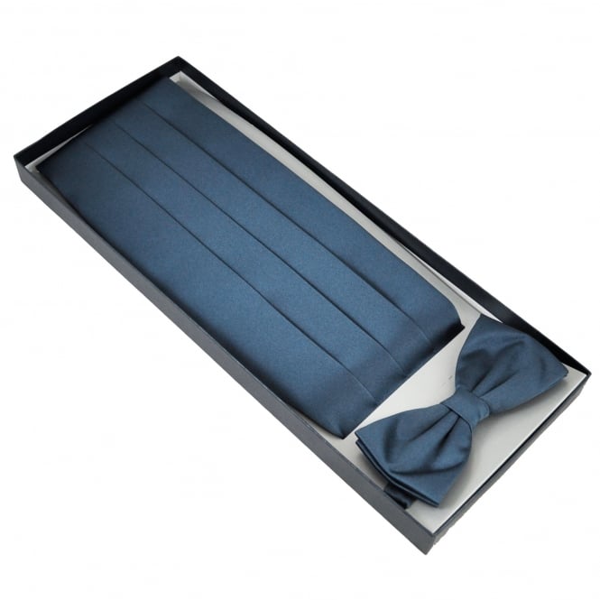 Plain French Navy Blue Satin Cummerbund & Bow Tie Set