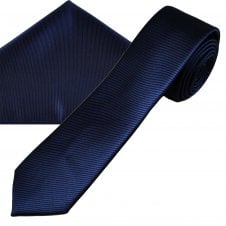 Plain French Navy Ribbed Men's Skinny Tie & Pocket Square Handkerchief Set