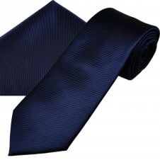 Plain French Navy Ribbed Men's Tie & Pocket Square Handkerchief Set