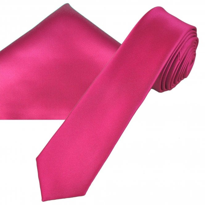 Plain Hot Pink Skinny Tie & Pocket Square Handkerchief Set