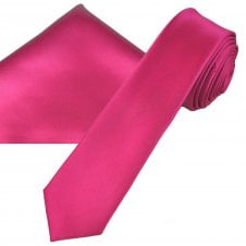 Plain Hot Pink Skinny Tie & Pocket Square Handkerchief Set