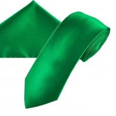 Plain Hunter Green Men's Skinny Tie & Pocket Square Handkerchief Set 