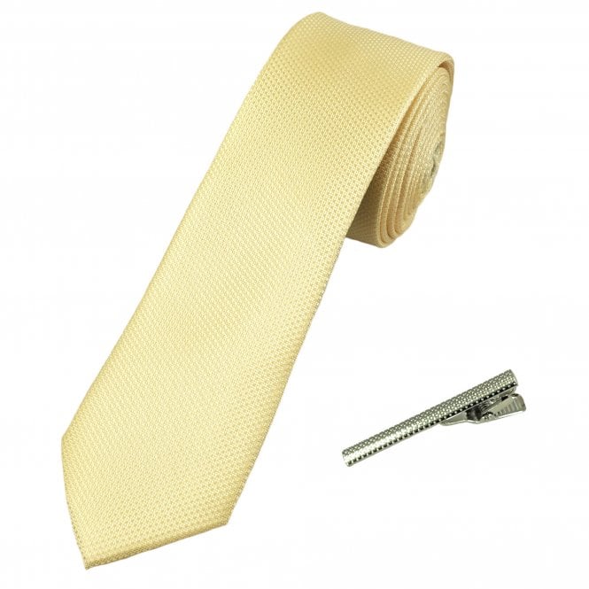 Plain Lemon Textured Men's Skinny Tie with Tie Clip