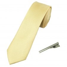 Plain Lemon Textured Men's Skinny Tie with Tie Clip