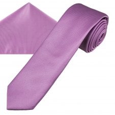 Plain Lilac Ribbed Men's Skinny Tie & Pocket Square Handkerchief Set