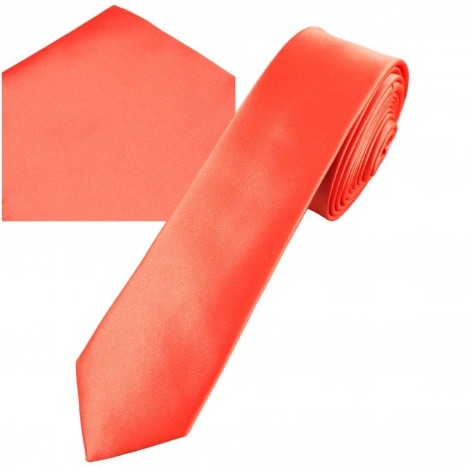 Plain Living Coral Men's Skinny Tie & Pocket Square Handkerchief Set