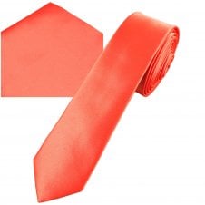 Plain Living Coral Men's Skinny Tie & Pocket Square Handkerchief Set