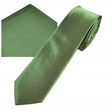 Plain Lovat Green Men's Skinny Tie & Pocket Square Handkerchief Set
