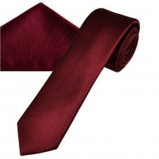 Plain Maroon Ribbed Men's Skinny Tie & Pocket Square Handkerchief Set