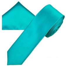 Plain Medium Turquoise Men's Skinny Tie & Pocket Square Handkerchief Set
