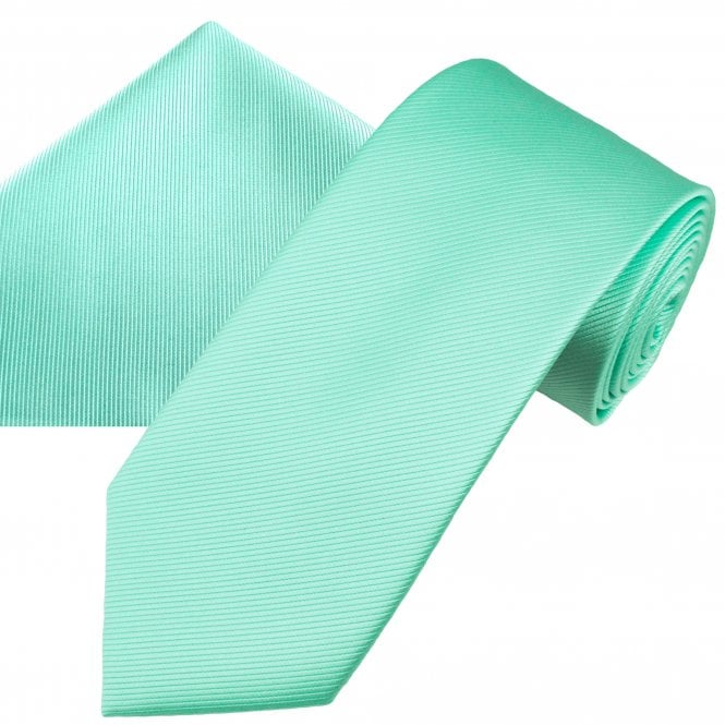 Plain Mint Green Ribbed Men's Tie & Pocket Square Handkerchief Set