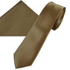 Plain Mocha Brown Men's Skinny Tie & Pocket Square Handkerchief Set