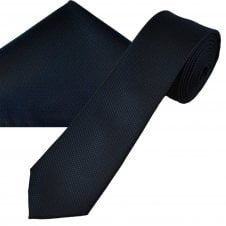 Plain Navy Blue Textured Men's Skinny Tie & Pocket Square Handkerchief Set