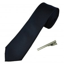 Plain Navy Blue Textured Men's Skinny Tie with Tie Clip