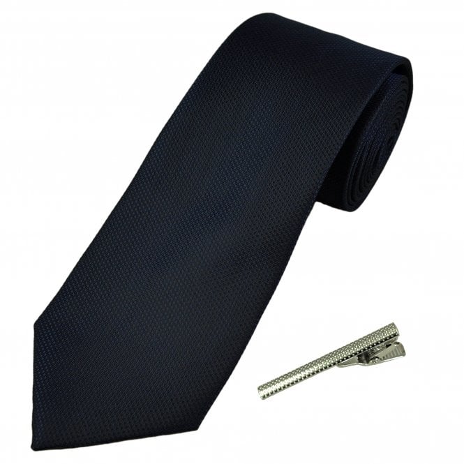 Plain Navy Blue Textured Men's Tie with Tie Clip