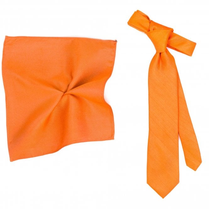 Plain Orange Silk Men's Tie & Pocket Square Handkerchief Set by Tresanti