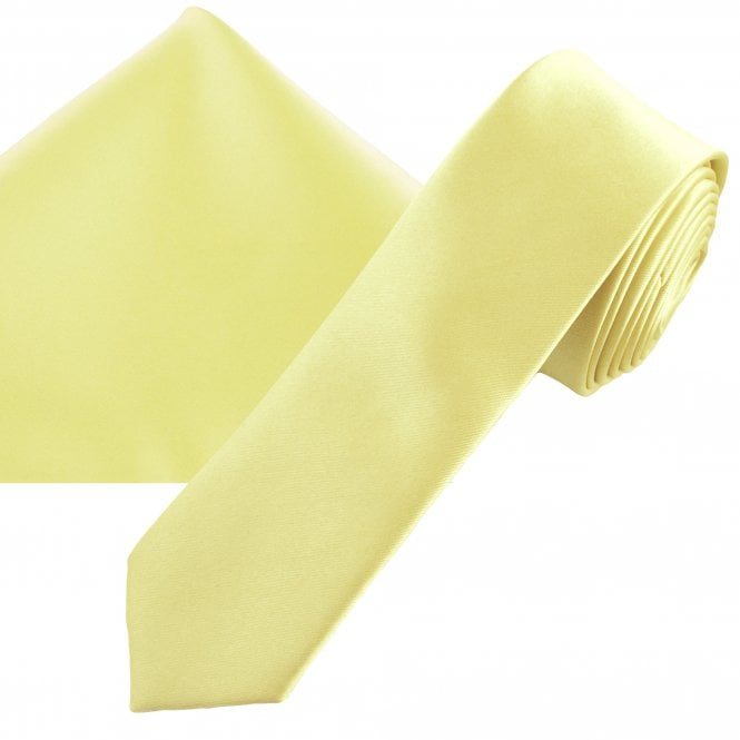 Plain Pale Lemon Yellow Men's Skinny Tie & Pocket Square Handkerchief Set