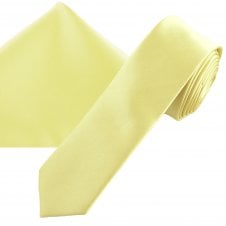 Plain Pale Lemon Yellow Men's Skinny Tie & Pocket Square Handkerchief Set