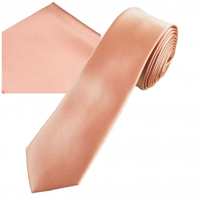 Plain Rose Gold Men's Skinny Tie & Pocket Square Handkerchief Set