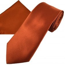 Plain Rust Orange Men's Satin Tie & Pocket Square Handkerchief Set