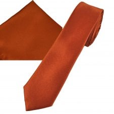 Plain Rust Orange Men's Skinny Tie & Pocket Square Handkerchief Set 