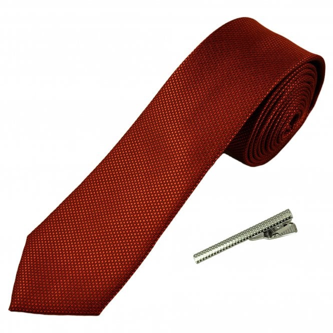 Plain Rust Orange Textured Men's Skinny Tie with Tie Clip
