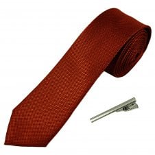 Plain Rust Orange Textured Men's Skinny Tie with Tie Clip