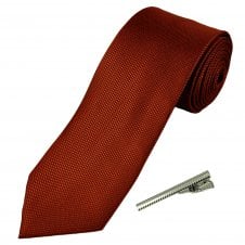 Plain Rust Orange Textured Men's Tie with Tie Clip