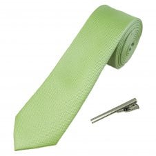 Plain Sage Green Textured Men's Skinny Tie with Tie Clip