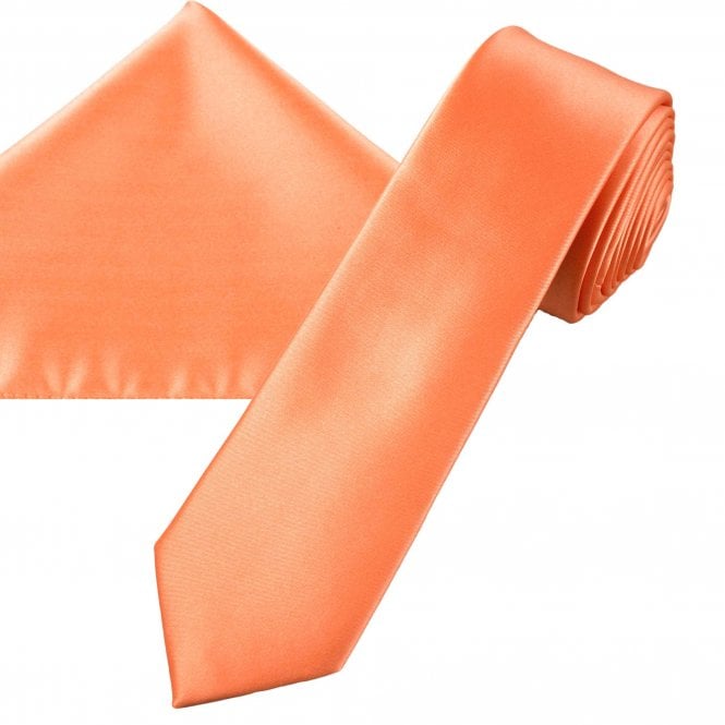 Plain Salmon Pink Men's Skinny Tie & Pocket Square Handkerchief Set