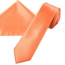 Plain Salmon Pink Men's Skinny Tie & Pocket Square Handkerchief Set