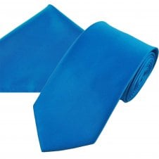 Plain Sapphire Blue Men's Satin Tie & Pocket Square Handkerchief Set 