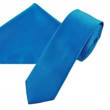 Plain Sapphire Blue Men's Skinny Tie & Pocket Square Handkerchief Set
