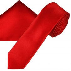 Plain Scarlet Red Men's Skinny Tie & Pocket Square Handkerchief Set