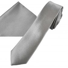Plain Silver Grey Men's Skinny Tie & Pocket Square Handkerchief Set
