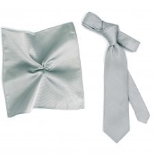 Plain Silver Grey Silk Men's Tie & Pocket Square Handkerchief Set by Tresanti