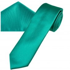 Plain Teal Green Ribbed Men's Skinny Tie & Pocket Square Handkerchief Set