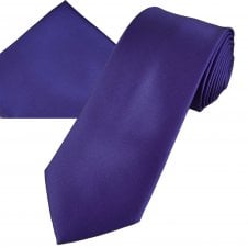 Plain Violet Purple Men's Satin Tie & Pocket Square Handkerchief Set