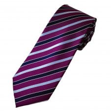 Plum, Navy Blue, Sky Blue & White Stripe Luxury Silk Men's Tie