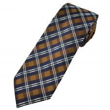 Profuomo Originale Mid Brown, Navy Blue & Silver Check Pattern Men's Silk Designer Tie with Brown Contrast Tail