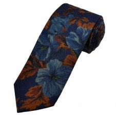 Profuomo Originale Navy Blue Flowers & Brown Leaves Wool Men's Tie