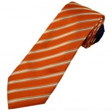 Profuomo Originale Orange & White Striped Men's Silk Designer Tie with Navy Blue Contrast Tail