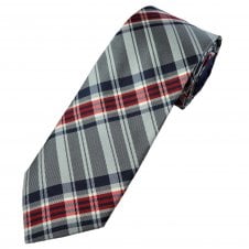 Profuomo Originale Silver, Navy Blue & Red Check Pattern Men's Silk Designer Tie with Contrast Tail