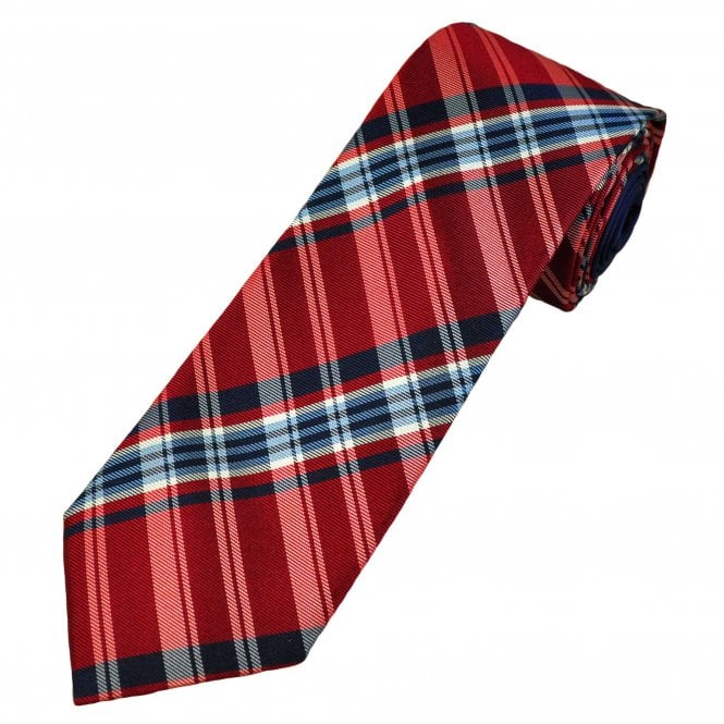 Profuomo Red, Navy, Sky Blue & White Checked Men's Silk Designer Tie with Contrast Tail