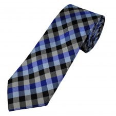 Profuomo Royal Blue, Light Blue, Black & Silver Grey Checked Men's Silk Tie